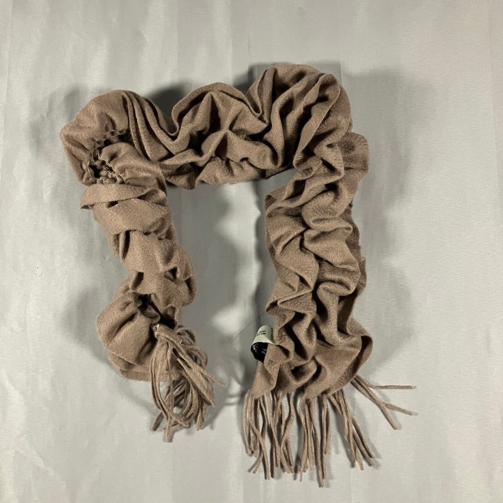 SAYAMI 100% Cashmere Ruched‎ Scarf Shawl Taupe Fringe